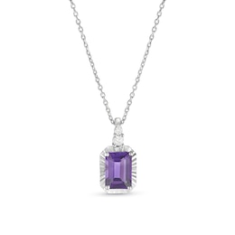 Sterling Silver Emerald Cut Amethyst and Diamond Pendant Necklace