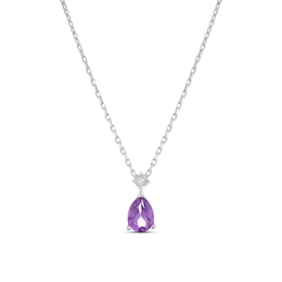Sterling Silver Pear Cut Amethyst and Diamond Pendant Necklace