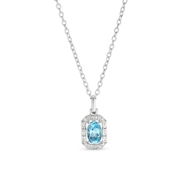Sterling Silver Oval Swiss Blue Topaz and Diamond Pendant Necklace
