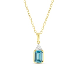 18ct Gold Vermeil Emerald Cut Blue Topaz and Diamond Pendant Necklace