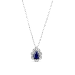 Sterling Silver Pear Cut Blue Sapphire and Diamond Pendant Necklace