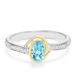 Sterling Silver and 9ct Yellow Gold Oval Swiss Blue Topaz and Diamond Solitaire Ring