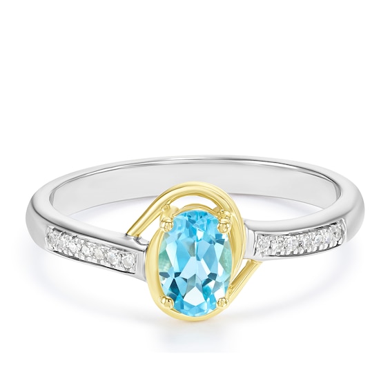 Sterling Silver and 9ct Yellow Gold Oval Swiss Blue Topaz and Diamond Solitaire Ring