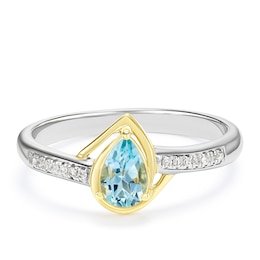 Sterling Silver and 9ct Yellow Gold Pear Cut Aquamarine and Diamond Solitaire Ring