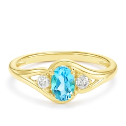 9ct Yellow Gold Oval Swiss Blue Topaz and 0.10ct Diamond Trilogy Ring