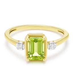 18ct Gold Vermeil Emerald Cut Peridot and Diamond Solitaire Ring