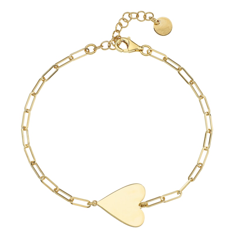 Yellow Gold Tone Heart Paper Clip Chain Engravable Bracelet