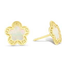 9ct Yellow Gold Mother of Pearl Greek Key Flower Stud Earrings