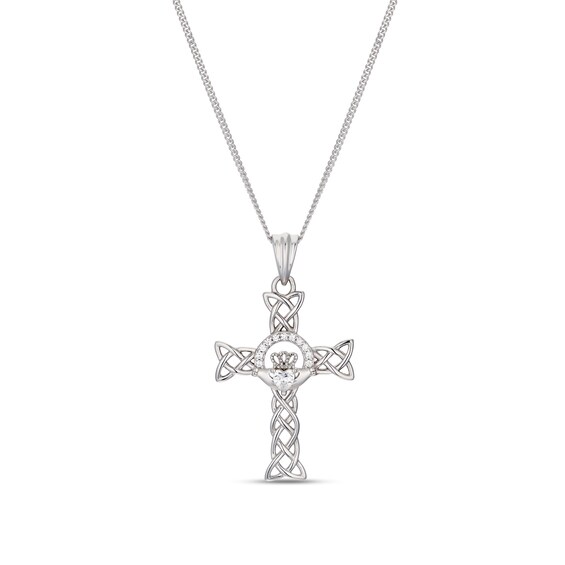 Sterling Silver Claddagh Cubic Zirconia Cross Pendant Necklace 18"