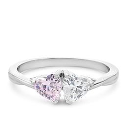 Sterling Silver White & Light Pink Cubic Zirconia Hearts Ring