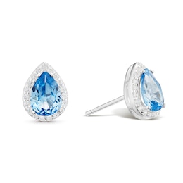 Sterling Silver Blue & White Cubic Zirconia Pear Halo Stud Earrings