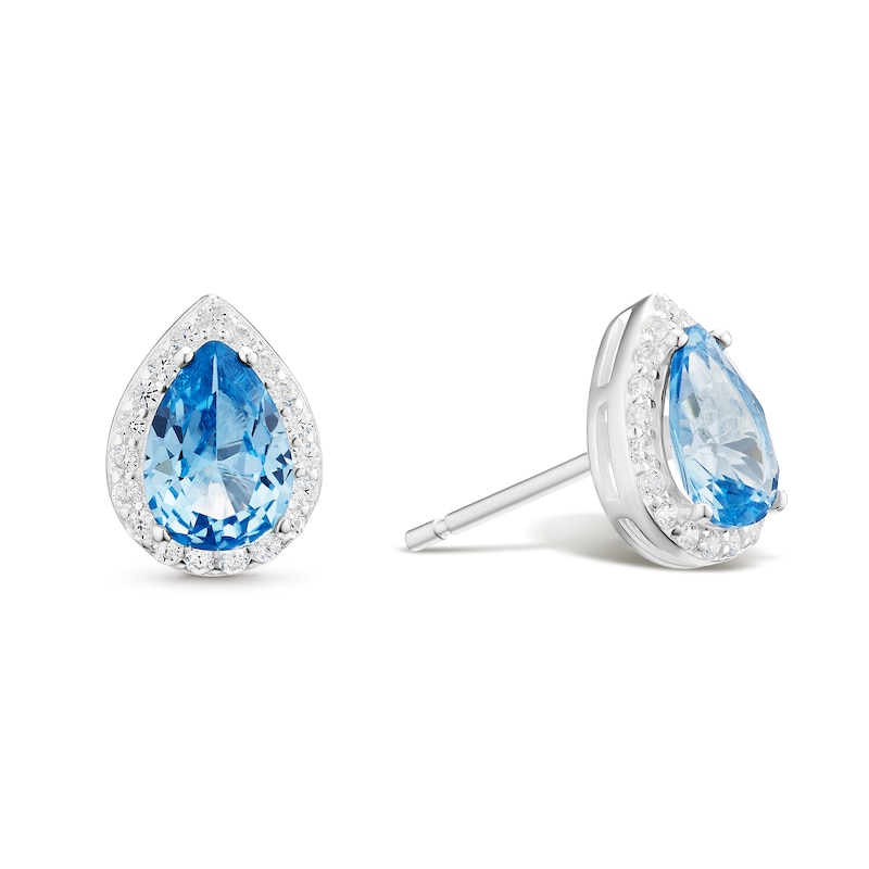 Main Image 1 of Sterling Silver Blue & White Cubic Zirconia Pear Halo Stud Earrings