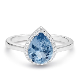 Sterling Silver Blue & White Cubic Zirconia Pear Halo Ring