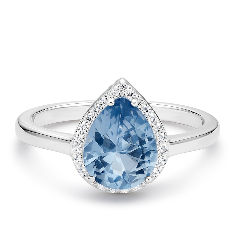 Main Image 1 of Sterling Silver Blue & White Cubic Zirconia Pear Halo Ring