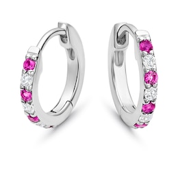 Sterling Silver White & Red Cubic Zirconia Huggie Earrings