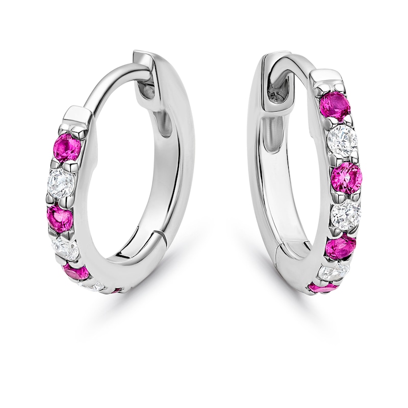 Main Image 1 of Sterling Silver Created Ruby & Cubic Zirconia Huggie Earrings
