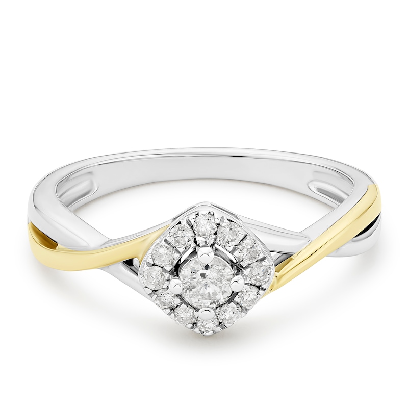 Main Image 1 of 9ct Yellow Gold & Sterling Silver Twist Halo 0.20ct Diamond Ring