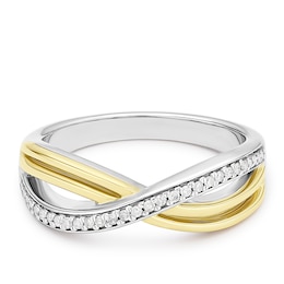 9ct Yellow Gold & Sterling Silver Curved Crossover Diamond Ring