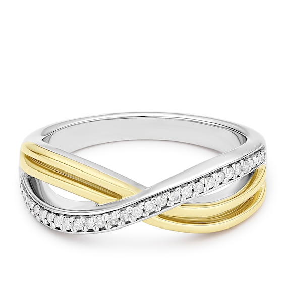 9ct Yellow Gold & Sterling Silver Curved Crossover Diamond Ring
