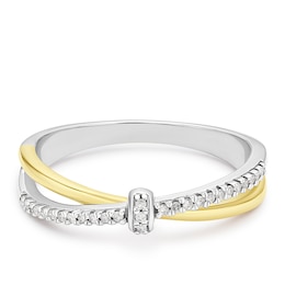 9ct Yellow Gold & Sterling Silver Crossover Bar Diamond Ring