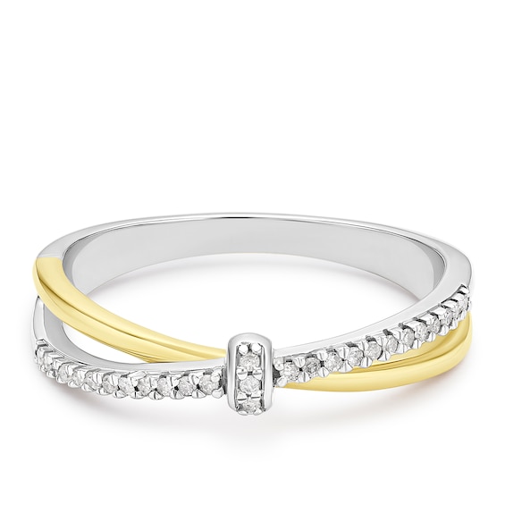 9ct Yellow Gold & Sterling Silver Crossover Bar Diamond Ring