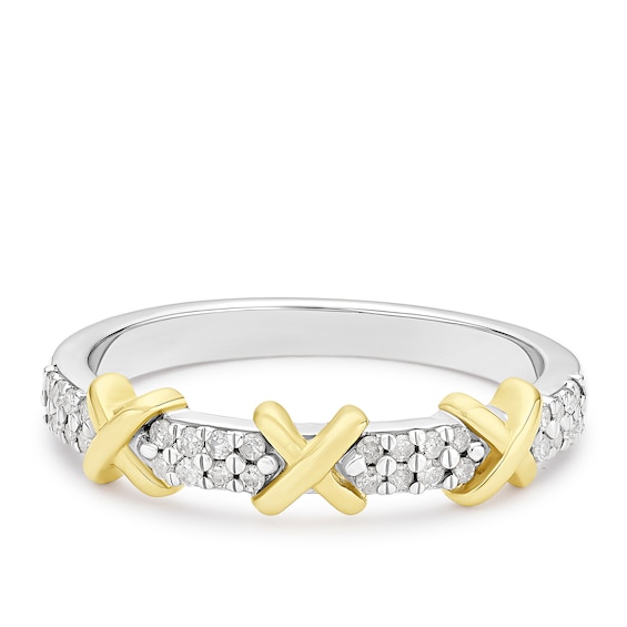 9ct Yellow Gold & Sterling Silver Double Row Kiss Eternity 0.15ct Diamond Ring