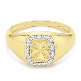 Men's Yellow Gold Plated Sterling Silver Cubic Zirconia Cross Signet Ring