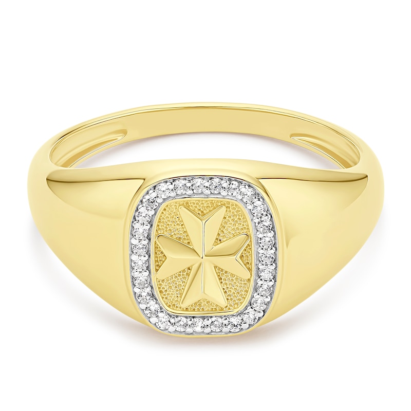Main Image 1 of Men's Yellow Gold Plated Sterling Silver Cubic Zirconia Cross Signet Ring