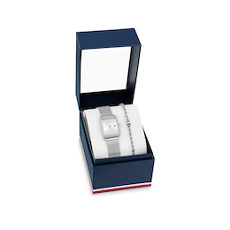 Tommy Hilfiger Women's Crystal Bezel Stainless Steel Mesh Bracelet Watch & Double Chain Bracelet Gift Set