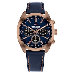 Tommy Hilfiger 40mm Men's Rose Gold & Navy Blue Dial Leather Strap Watch