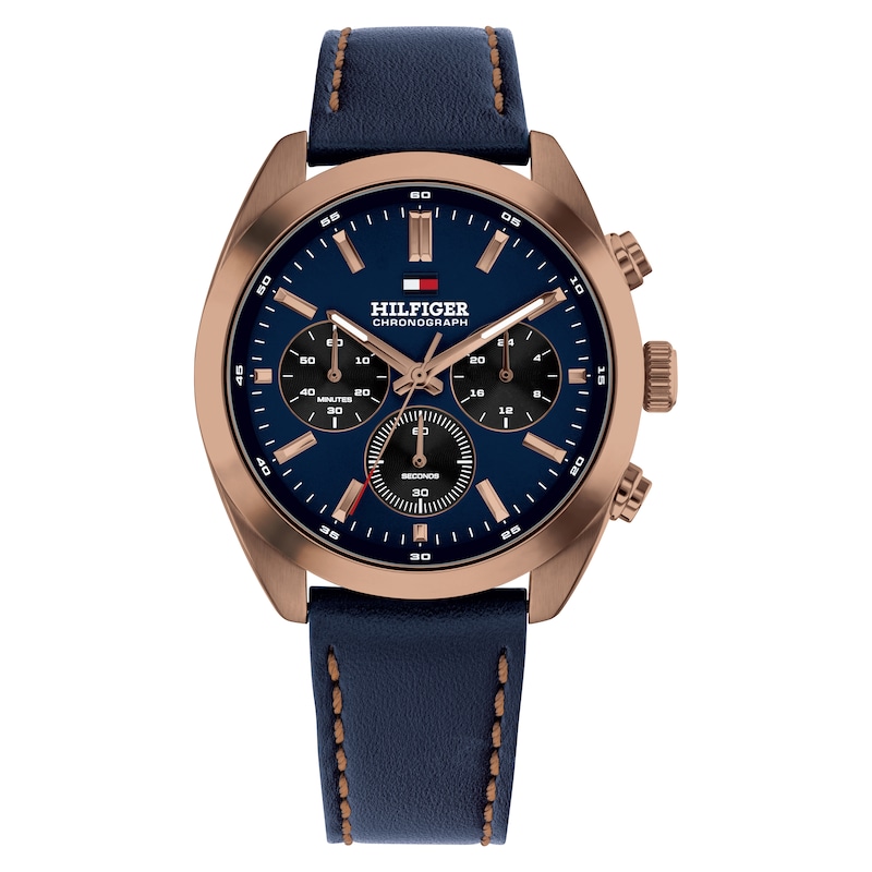 Main Image 1 of Tommy Hilfiger 40mm Men's Rose Gold & Navy Blue Dial Leather Strap Watch