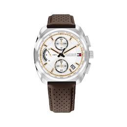 Tommy Hilfiger 41mm Men's White Sunray Dial Brown Leather Strap Watch