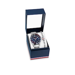 Tommy Hilfiger Men's Blue Dial Stainless Steel Bracelet Watch & Chain Bracelet Gift Set