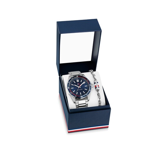 Tommy Hilfiger Men's Blue Dial Stainless Steel Bracelet Watch & Chain Bracelet Gift Set