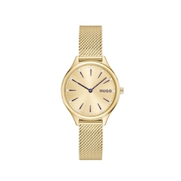 Women's HUGO #GLOSSY Light Gold Dial Gold IP Mesh Bracelet Watch
