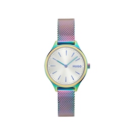 Women's HUGO #GLOSSY White Dial Iridescent IP Mesh Bracelet Watch
