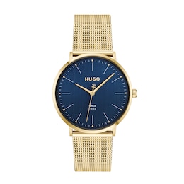 Men's HUGO #STYLE Blue Dial Gold IP Mesh Bracelet Watch
