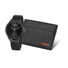 Men's HUGO #SMASH Black Dial Black IP Mesh Bracelet Watch & Card Holder Gift Set