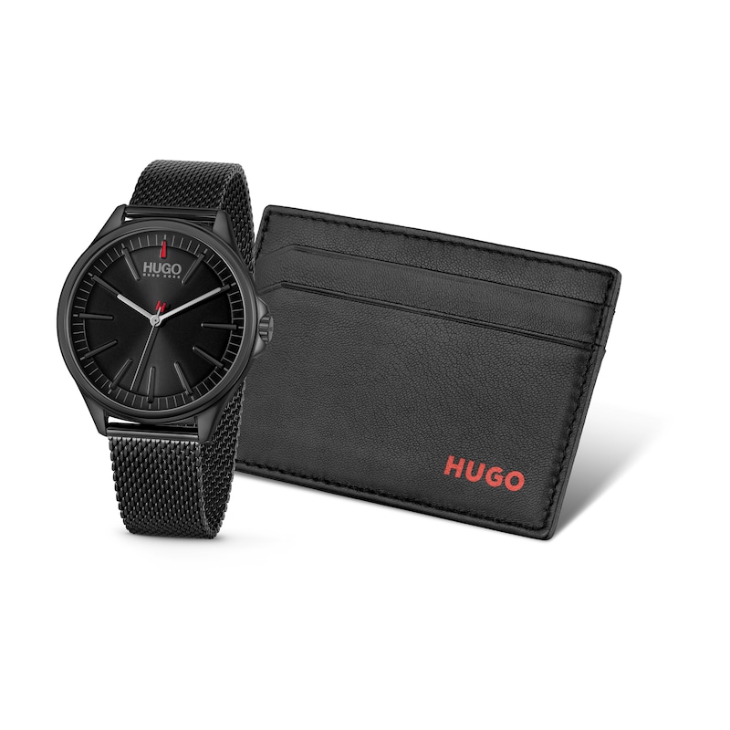 Main Image 1 of Men's HUGO #SMASH Black Dial Black IP Mesh Bracelet Watch & Card Holder Gift Set