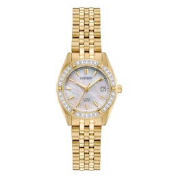 Citizen Women's Stone Set Mother of Pearl Dial Gold Tone Bracelet Watch & Bracelet Gift Set