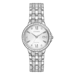 Citizen Women's Eco-Drive Crystal Set White Dial & Silver Tone Stainless Steel Bracelet Watch