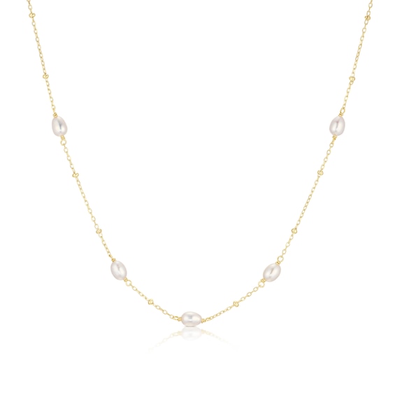 Yellow Gold Plated Sterling Silver Pearl Beaded Chain Necklace