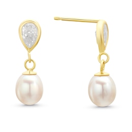 9ct Yellow Gold Cultured Freshwater Pearl & Cubic Zirconia Teardrop Earrings