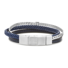 Men's Stainless Steel Chain, Black Stitched & Navy Braided Leather Bracelet