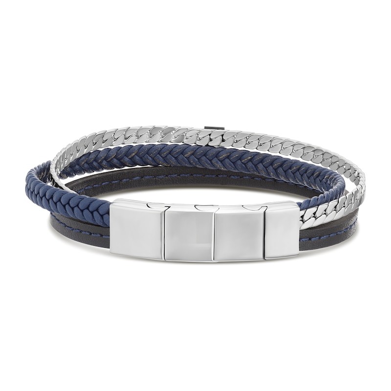 Main Image 1 of Men's Stainless Steel Chain, Black Stitched & Navy Braided Leather Bracelet