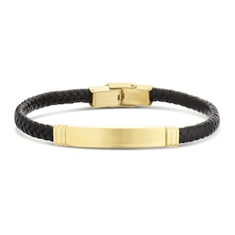 Men's Stainless Steel Gold IP & Black Leather Braided Bracelet