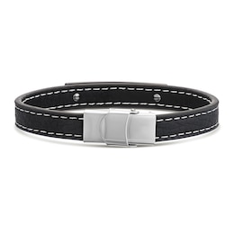 Men's Stainless Steel White Stitched Black PU Leather Bracelet