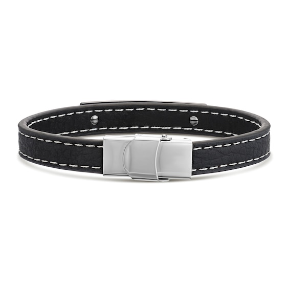 Men's Stainless Steel White Stitched Black PU Leather Bracelet