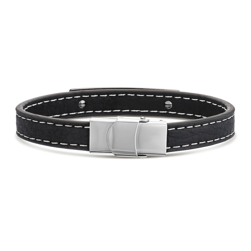 Main Image 1 of Men's Stainless Steel White Stitched Black PU Leather Bracelet