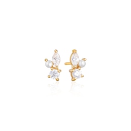 Sif Jakobs Adria Tre Piccolo Sterling Silver Yellow Gold Plated Cubic Zirconia & Freshwater Pearl Stud Earrings